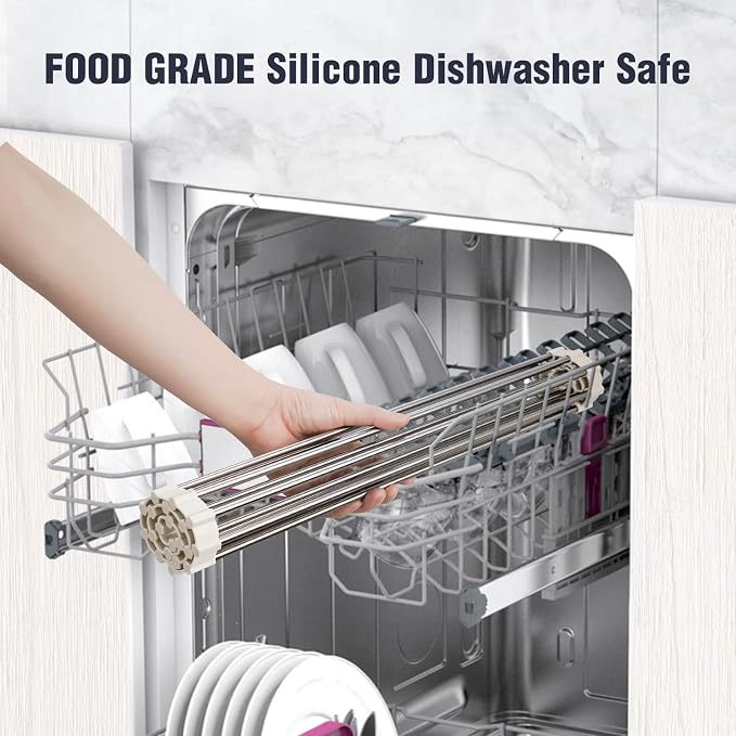 Tomorotec Roll Up Dish Drying Rack Over Sink, 304 Steel, 17.7x12.5, White | Anti-Slip Silicone Rims For Grip, Heat-Resistant Trivet Mat Holding Heavy Cookware, Rustproof Kitchen Counter Space Saver