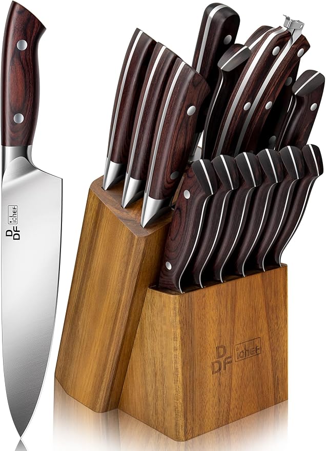 16-Piece Kitchen Knife Set, High-Carbon Stainless Steel, Pakkawood Handles | Ultra-Sharp Knife Block Set with Ergonomic Full-Tang Handles, Professional Knife Set with Block and Sharpener for Gifting