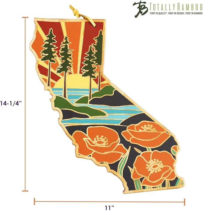 Totally Bamboo California State Shaped Cutting Board, Summer Stokes Art | State charcuterie board with colorful hand-drawn landscape art. Smooth reverse side for food prep. Hang tie for wall display.