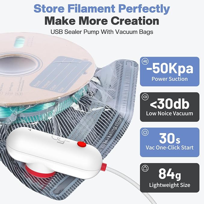 Vacbird 30pcs Filament Storage Bags Light-Proof Vacuum Storage Kit with USB Pump, 3D Printer Filament Vacuum Sealed Bags for Keeping Dry, Plus Size 32X34cm