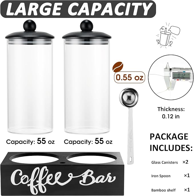 Coffee Container with Shelf: 2P 55OZ Glass Airtight Coffee Holder | Large Capacity Coffee Canister w/Scoop - Kitchen Food Storage Jar for Ground Coffee/Tea/Sugar/Cereal/Nuts/Coffee Bar