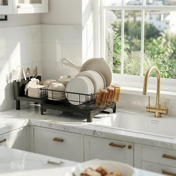 Large Dish Drying Rack - Expandable for Kitchen Counter, Black | 18.7-25.2 in Extendable Length, Vertical Pot Storage, Auto-Drain Spout, Removable Utensil Holder, Rust-Resistant Frame