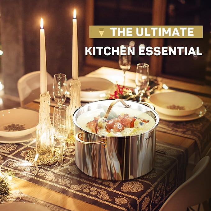 Ciwete Stock Pot 12 Quart, 18/10 Tri-Ply Stainless Steel Whole Clad Stock Pot with Lid, Seamless 12 QT Cooking Pot with Copper Handle, Healthy Stockpots, Induction, Gas, Oven and Dishwasher Safe