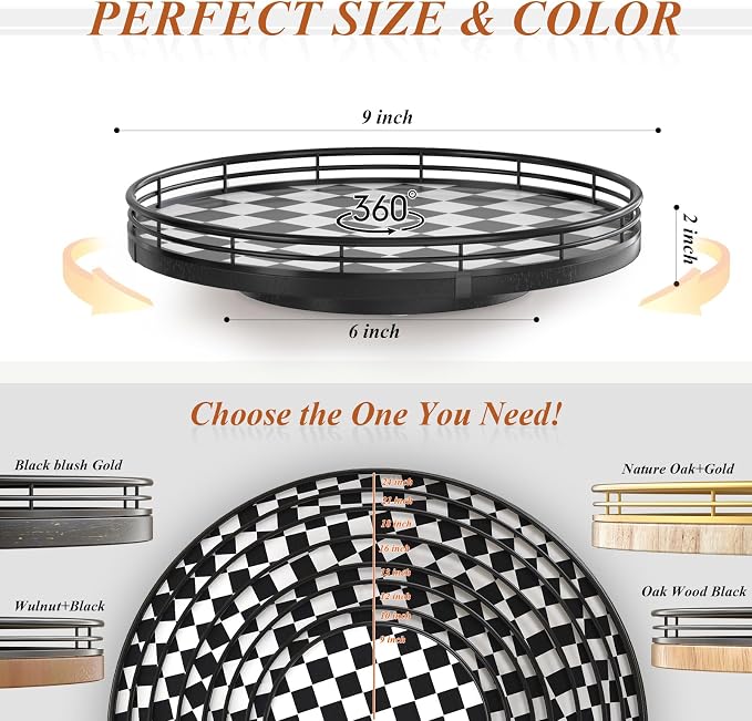 AMH 9-Inch Black and White Checkerboard Lazy Susan with Oak Base | Smooth rotating oak tray with walnut finish for dining tables, kitchen counters, pantries and cabinet storage.