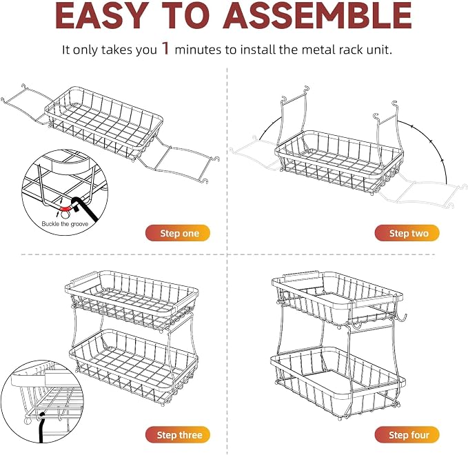 3-Tier Fruit Basket with Banana Hangers, Detachable Metal Bowl | Wooden handle, protective mats included. Versatile holder for bread, snacks, and veggies. Large 3 tier metal design.