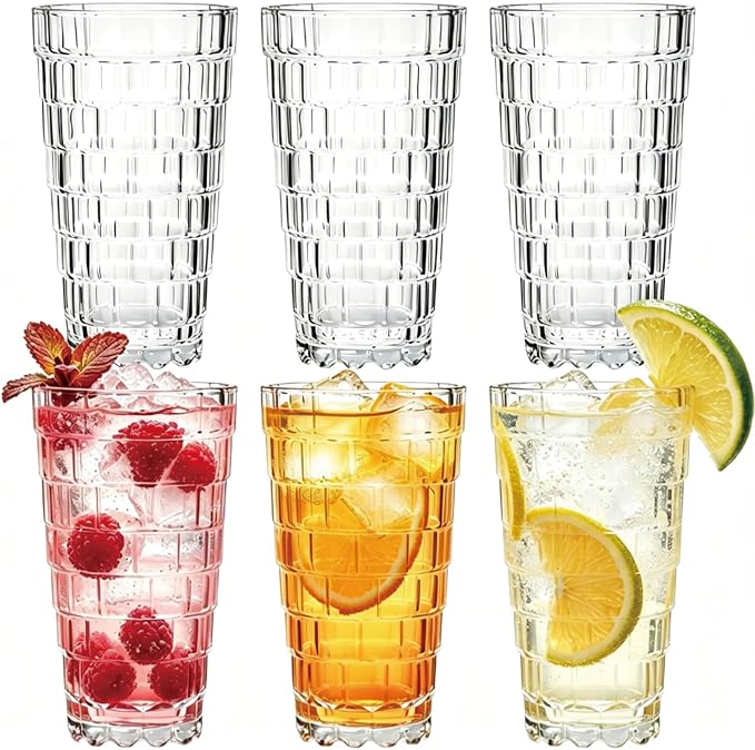 Mapoxy 15 oz Highball Glasses 6 Pack, Vintage Brick-Shaped Glasses | Drinking Cups for Whiskey Cocktail Beer Juice & Mixed Drinks, Stackable Tumblers for Kitchen Bar Party, Durable Glassware Set