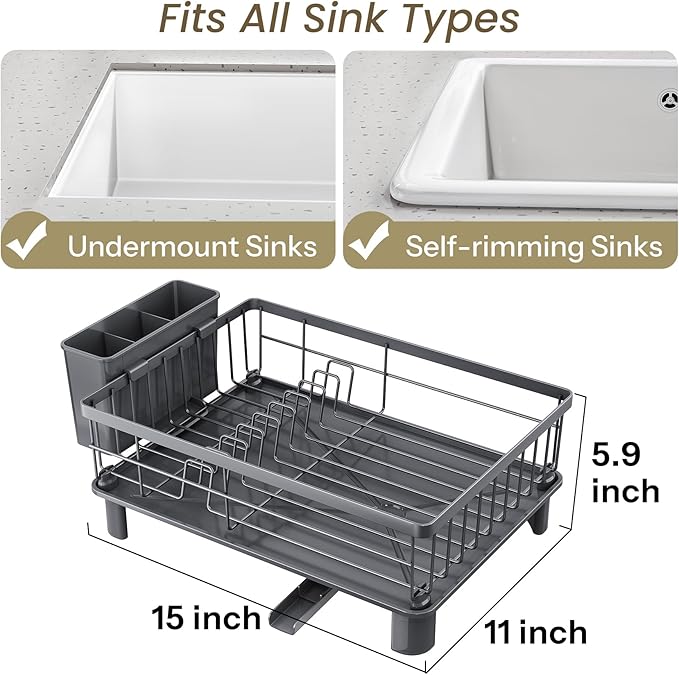 SNTD Dish Drying Rack for Small Kitchen Counter, 11" W x 15" L, Grey | Space Saving, Rotating Spout & Angled Drainboard for Quick Drainage, Stainless Steel, Removable Utensil Holder
