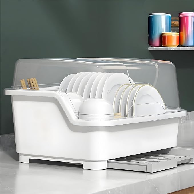Plastic Dish Drying Rack with Clear Cover Lid, Dust-Proof | Desktop Plate Cup Dryer Holder with Lid Cover, Cutlery Utensil Dish Nursing Bottle Organizer for Tableware, Kitchen Cabinet