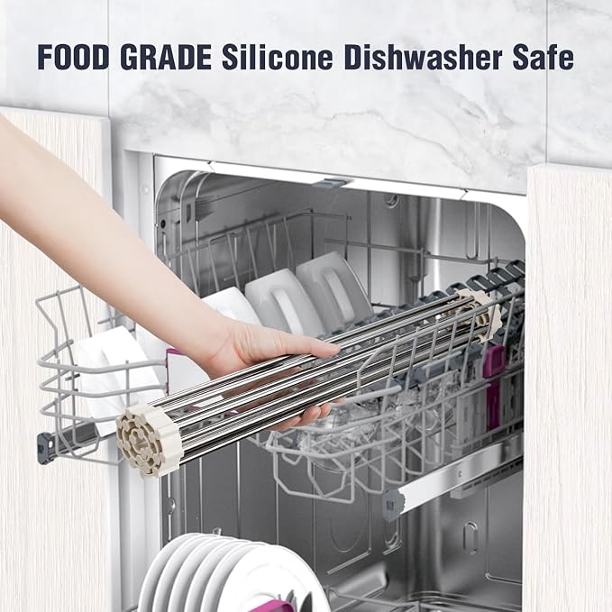 Tomorotec Roll Up Dish Drying Rack Over Sink, 304 Steel, 17.7x15.5, White | Anti-Slip Silicone Rims For Grip, Heat-Resistant Trivet Mat Holding Heavy Cookware, Rustproof Kitchen Counter Space Saver