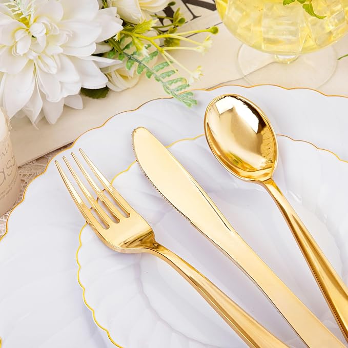 YOUBET 125PCS White and Gold Plastic Plates for Wedding Parties | White Plates Disposable with Gold Rim Include 25 Dinner Plate 25 Dessert Plate 75 Gold Silverwares