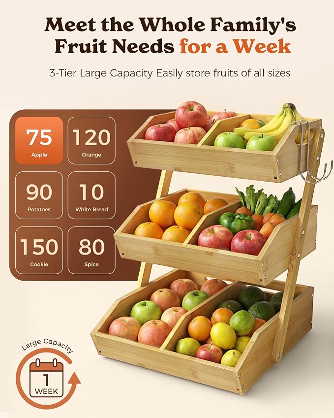 3-Tier Bamboo Fruit Basket with 2 Banana Holders | Large tiered organizer for bread, snacks, veggies. Sturdy bamboo, includes mats & dividers. Easy to assemble.