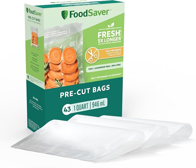 FoodSaver Quart Pre-Cut Vacuum Seal and Easy Use Storage Bags, Align to Seal and Tear to Open Vacuum Sealer Storage, Quart (43 Bags) (Pack of 4)