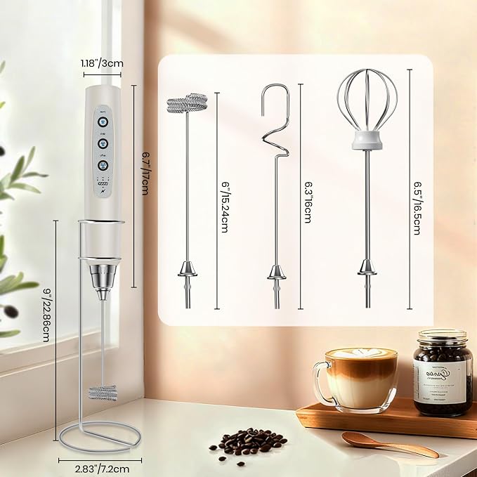 Colarlemo Milk Frother Handheld Rechargeable with Stand, Frother Wand Drink Mixer Electric Whisk for Coffee, Detachable With 3 Stainless Whisks, Hand Mixer for Lattes, Cappuccino, Matcha, Egg, Beige