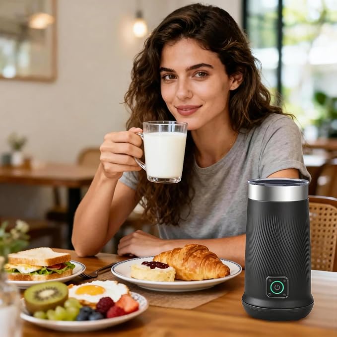 Wowteam Milk Frother, 4-in-1 Electric Milk Steamer, Warm and Cold Milk Warmer and Foam Maker for Coffee, Latte, Cappuccinos, Macchiato, 8.2oz/240ml, Stainless Steel (Black)
