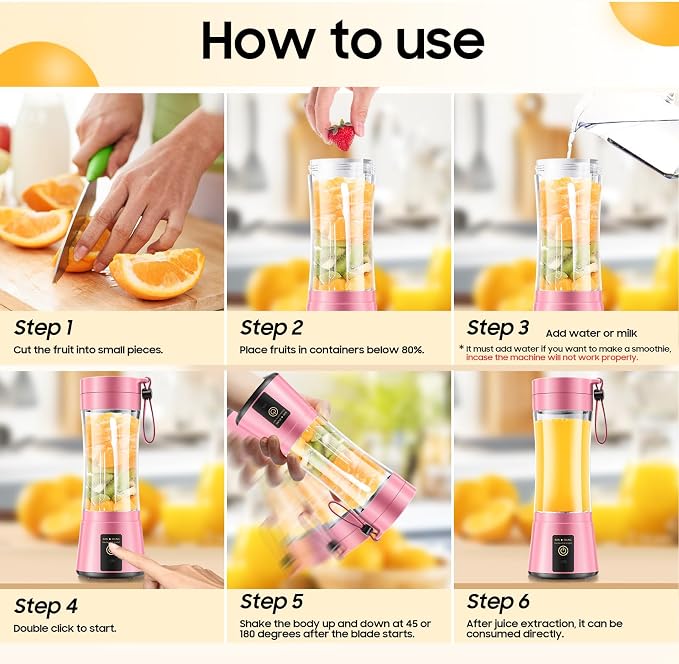 Portable Blender Personal Size Blender Make Smoothies, 12oz Mini Travel Cup | BPA-Free Small Blender with High Blending Speed, 6 Steel Blades, Easy Clean, Freshly Squeezed in Sports/Office/Gym