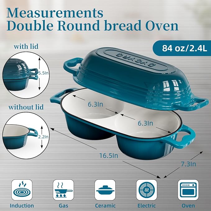 Enameled Cast Iron Double Round Bread Loaf Pot with Lid – 16cm Diameter Mini Dutch Oven for Sourdough Bread Baking, 500°F Oven Safe Non Stick Bread Pan, Double Dutch Oven for Meatloaf, Cake, Even Heating – Emerald