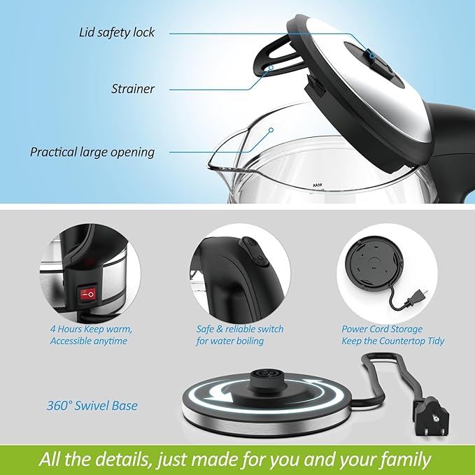 NISVITU 1.7L Dual Wall Cool Touch BPA-Free Electric Kettle, Black | Glass Inner+PC Outer, 1500W Fast Boil Cordless Hot Water Boiler Electric Tea Kettle, Auto Shut-Off+Keep Warm