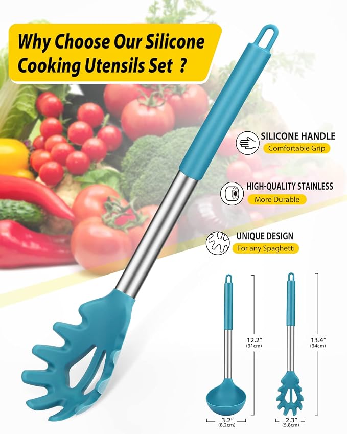 BUNDLEPRO Silicone Pasta Fork and Ladle Spoon Set, 2 Pack, BLUE | Large Non Stick, High Heat Resistant Kitchen Utensils for Cooking,Stirring,Serving Spaghetti, Soup, Sauce
