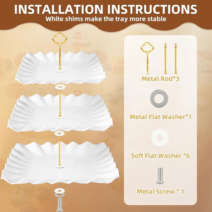 10 Pack Dessert Table Display Set, 4 Three-Tier Square Cupcake Stands and 6 Serving Trays for Cakes, Cupcakes, Pastries and Snacks, Baby Shower Decorations, Bridal Shower, Birthday, Wedding Party