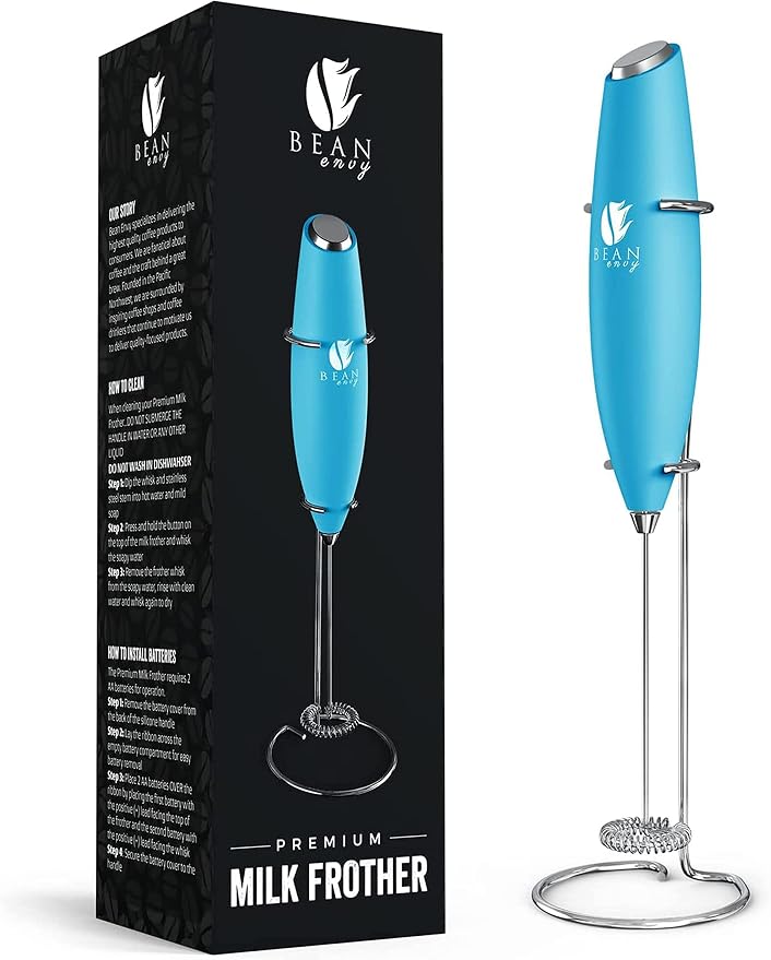 Bean Envy Milk Frother Handheld - Coffee Mixer Wand with Stand - Light Blue
