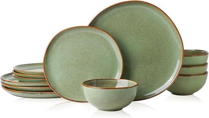Stoneware Dinnerware Sets for 4, Reactive Glaze Plates and Bowls, Green | 12-Piece Handcrafted Rustic Porcelain Dishes Set, Highly Scratch Resistant, Dishwasher & Microwave Safe