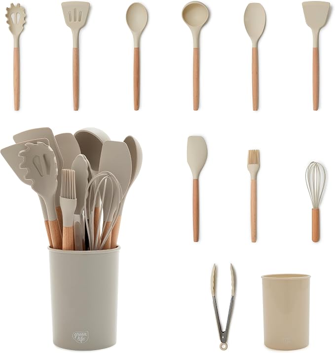 GreenLife 11 Piece Silicone Utensil Crock Set, Nonstick Kitchen Tools, Ladle, Turner, Slotted Turner, Spatula, Spoon, Spaghetti Server, Brush, Whisk, Tongs, Crock, Taupe