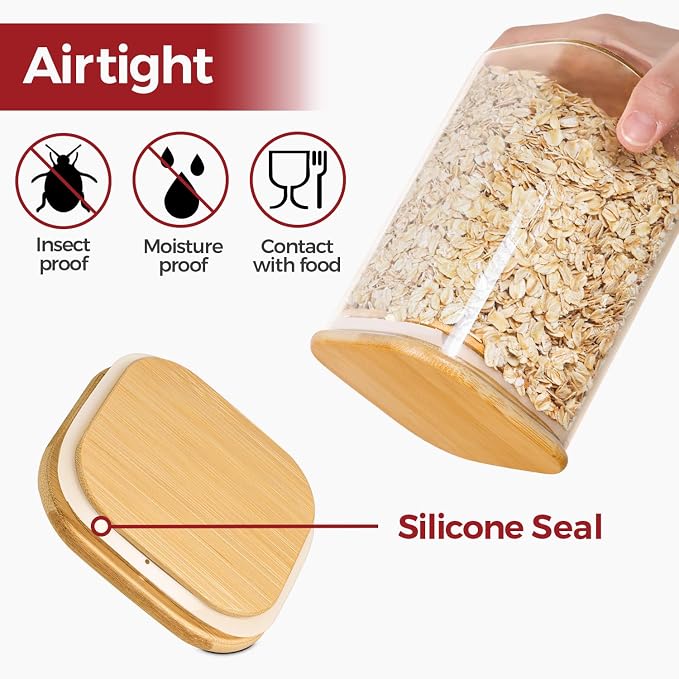 Glass Pantry Storage Containers with Bamboo Lids 1Qt 4 Pack Square | Pantry Organization, Coffee Beans Flour Sugar Pasta Cereal Dry Food Storage, Labels Included, Kitchen Organization