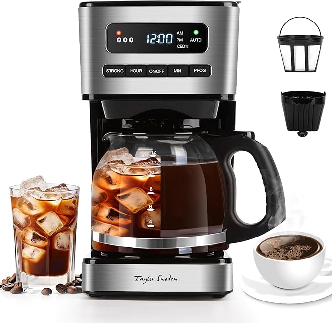 Taylor Swoden Programmable Coffee Makers 12 Cup, Black &Stainless Steel | Hot and Iced Coffee Maker, 4 Brew Strength, LED Display, 24H Timer, Keep Warm&Auto Shutoff- Drip Coffee Machine for Home