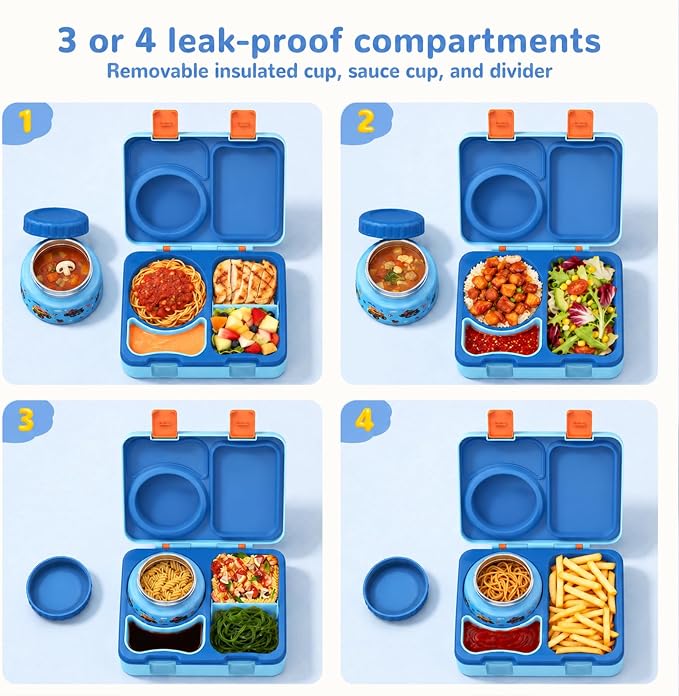 Bento Box for Kids, Leakproof Kids Lunch Box with 8.5OZ Thermo Food Jar & Lunch Bag, 3-4 Compartments Toddler Insulated Lunch Box for Boys, BPA Free Lunch Containers for School Daycare