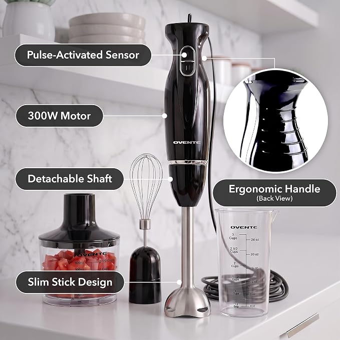 OVENTE Electric Hand Blender Set with 2 Mixing Speeds, 300W Black HS565B | Corded Immersion Handheld Stick Mixer with Stainless Steel Blades, Egg Whisk, Beaker & BPA-Free Food Chopper