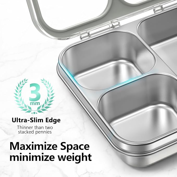 HOMEKOL Stainless Steel Bento Lunch Box 3-Compartment, 4.2Cups, Grey | Leak-Proof Metal Lunch Container for Kids & Adults, BPA-Free, Dishwasher Safe, Clear Tritan Lid, 1000ml (Not Insulated)