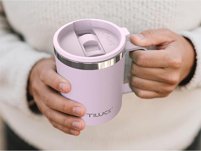 TILUCK 12 oz Insulated Coffee Mug with Lid and Handle | BPA-Free Lid, Double-Wall Vacuum Insulation, Stainless Steel Coffee Cup,Dishwasher Safe Mug for Hot & Cold Drinks,LightPurple