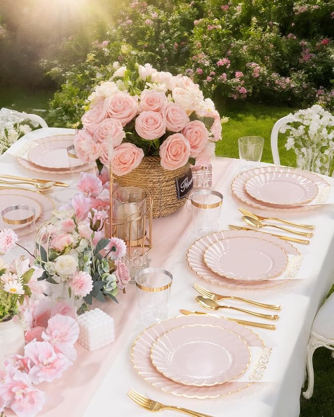 YOUBET 175PCS Pink Scalloped Plastic Plates for Party Wedding Baby Shower | Pink and Gold Disposable Dinnerware Set Include 50 Plates, 75 Gold Silverware, 25 Cups, 25 Napkins