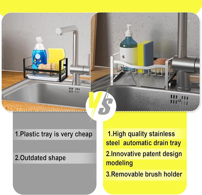 Kitchen Sink Caddy Organizer Sponge Holder for Kitchen Sink with Stainless Steel Auto Drain Tray, Self Drain Dish Soap Sponge Caddy Rack for Countertop Storage Gadgets Silver Grey