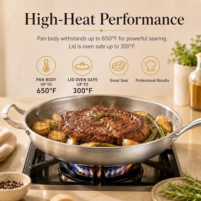 DELARLO Tri-Ply Stainless Steel Pan,18/10, 14.2" | Nontoxic Durable Oven Safe 800℉ All Cooktops Compatible Fast Even Heat PFOA Free Large Frying Pan Nontoxic Cookware