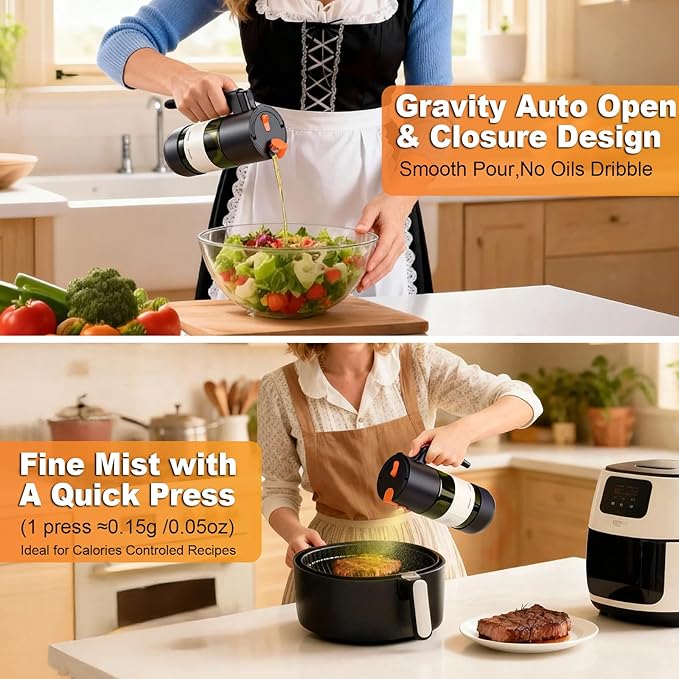 2-IN-1 Oil Sprayer for Cooking with 8 Stickers Light-Blocking Dark Glass Olive Oil Dispenser Bottle for Kitchen 500ml/16.9oz Oil Mister for Air Fryer, BBQ,Salad Even Spray with Portion Control-2PC