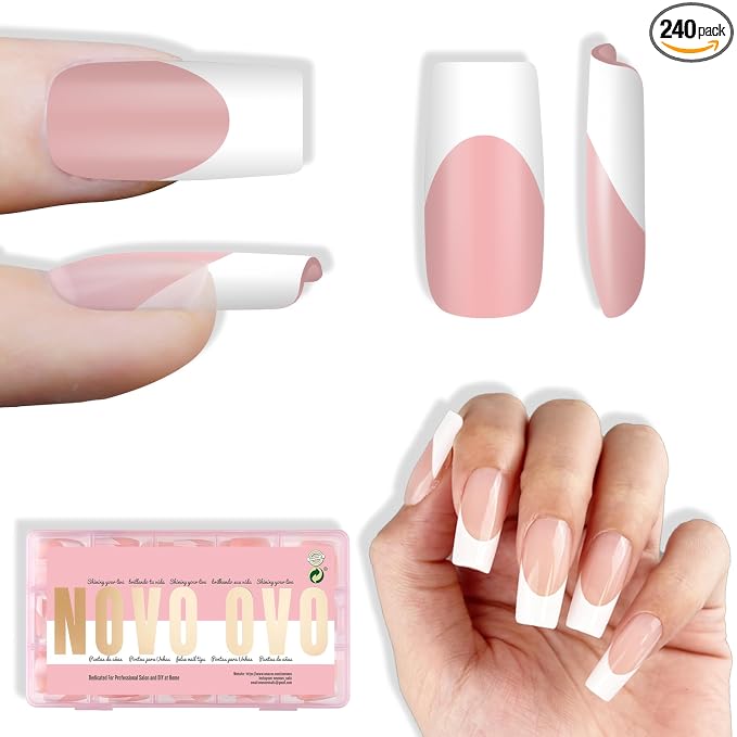NOVO OVO White French Tip Medium Square Nail Tips Press on BABY PINK, Extra Thick Soft Gel Fake Nail Acrylic Extension, Need Builder Gel Top Coat, No Glue Included, for Salon DIY 15 Sizes x 240 pcs