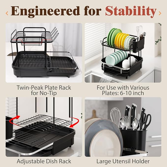 2 Tier Dish Drying Rack, Expandable Stainless Steel Dish Drainer for Kitchen Counter, Rustproof Auto Draining Drainboard, Raised Guardrail, Detachable Utensil Holder, Space Saving Kitchen Organizer