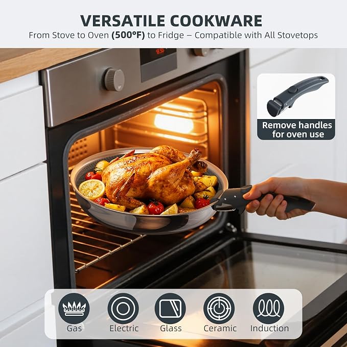 Hybrid Non Stick Frying Pans Set 3-Piece, 8 & 10 Inch Tri-Ply Stainless Steel Pans Set with Detachable Handle, PFOA Free Kitchen Skillets for All Cooktops, Dishwasher & Oven-Safe Cooking Pan
