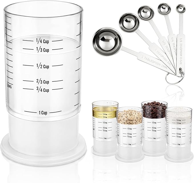 6 Pcs Adjustable Measuring Cup Set 1 Measure Cup 5 Measure Spoon | Kitchen Measuring Baking Tool, 1 Cup Measuring Cup for Peanut Butter, Liquid, Dry, Semi Solid Ingredient, Home Cooking Gadget