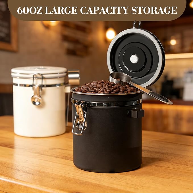 Garvee 2-Pack 22oz Stainless Steel Airtight Coffee Canister, 304 Stainless Steel Food Storage Container with Date Tracker and Measuring Scoop for Coffee Beans, Tea, Sugar, Cereal - Matte Black & Beige