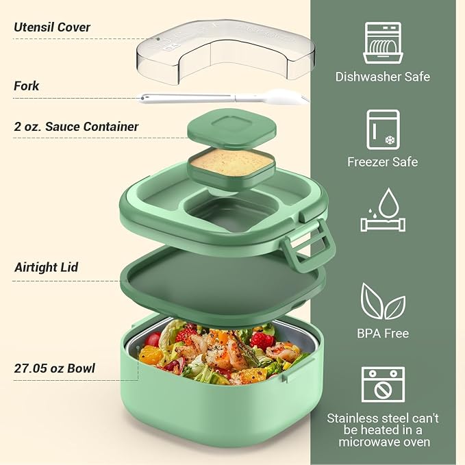 Luch Box Set Stackable Stainless Steel Bento Box with Insulated bag,Leak-Proof,1-Tier Bento box,Lunch Box With Portabl Sauce Pod and Cutlery-for Kids/Toddler,Dishwasher Safe,Green
