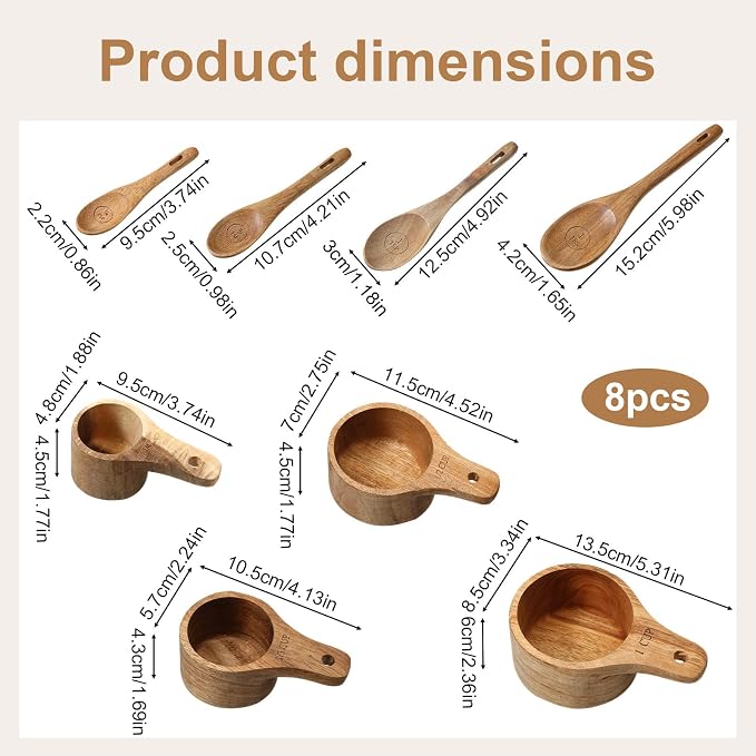 8 Piece Wooden Measuring Cups and Spoons Set, Solid Acacia Wood | Laser Engraved Measurements, Acacia Wood Measuring Cups, Natural Wood Kitchen Accessories, Perfect for Baking and Cooking