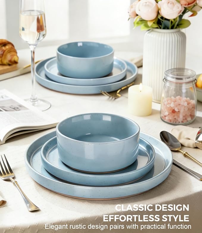 AmorArc Stoneware Dinnerware Sets for 4,12Pcs Plates and Bowls Set | Handmade Ceramic Dish Set,Dishwasher & Microwave Safe,Scratch Resistant-Light Blue
