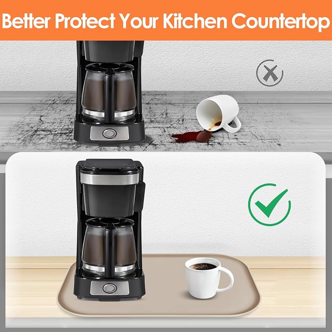 Silicone Coffee Maker Mat with Lip for Countertops, 24'' x 16'', Khaki | Multi leak-proof coffee tray for countertop, non-slip silicone mat fits most coffee makers & espresso machines, wipe-clean