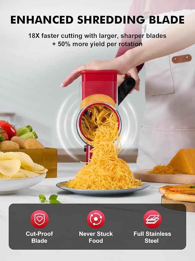 GDL Upgraded Cheese Grater Shredder Hand Crank, Vegetable Slicer, 4 Blades | 18x Faster Cutting, Stronger Suction Base, No BPA, Stainless Steel Blade, Dishwasher Safe, For Cheese & Veggies & Nuts