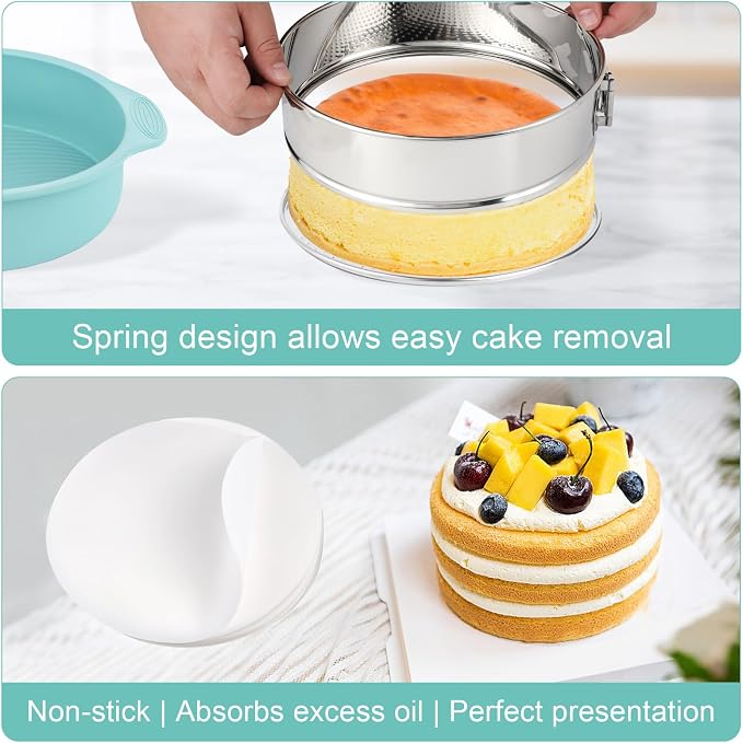 9 Inch Cheesecake Pan, Leakproof 304 Stainless Steel Springform Pan with Silicone Protector for Water Bath Baking, Removable Bottom, 50 Pcs Parchment Paper, Dishwasher Safe