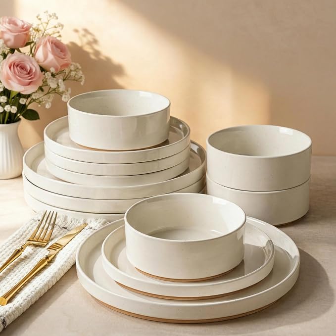 AmorArc Stoneware Dinnerware Sets for 8,24 Pcs Plates and Bowls Set | Handmade Ceramic Dish Set,Dishwasher & Microwave Safe-Beige