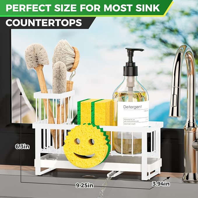 Sponge Holder for Kitchen Sink,Sink Caddy with Removable Dish Brush Holder,Self-Draining Kitchen Countertop Organizers and Storage Essentials,Soap Dispenser Organize and Home Decor-White