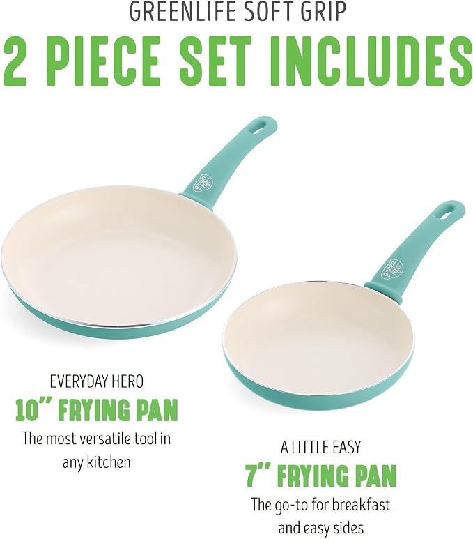 GreenLife 2 Piece (7” & 10”) Ceramic Nonstick Frying Pan Set, Turquoise | PFAS-Free Nonstick Coating, Family Skillet Set, Egg Pan, Omelet Pan, Stay-Cool Handles, Dishwasher & Oven Safe up to 350F